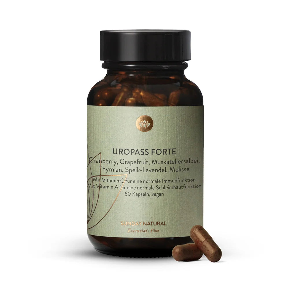 uropass forte, cranberry, grape fruit, muskatellersalbei, thymiam, speak- lavender, Melissa, vitamin c , vitamin a, sunday natural