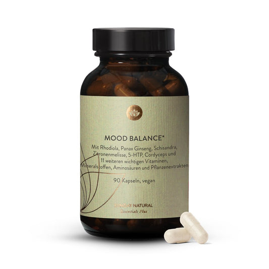 mood balance, rhodiola, panax ginseng, schisandra, zitronenmelisse, 5-htp, cordyceps, vitamine, mineralstoffe, aminosäuren, pflanzenextrakt, sunday natural